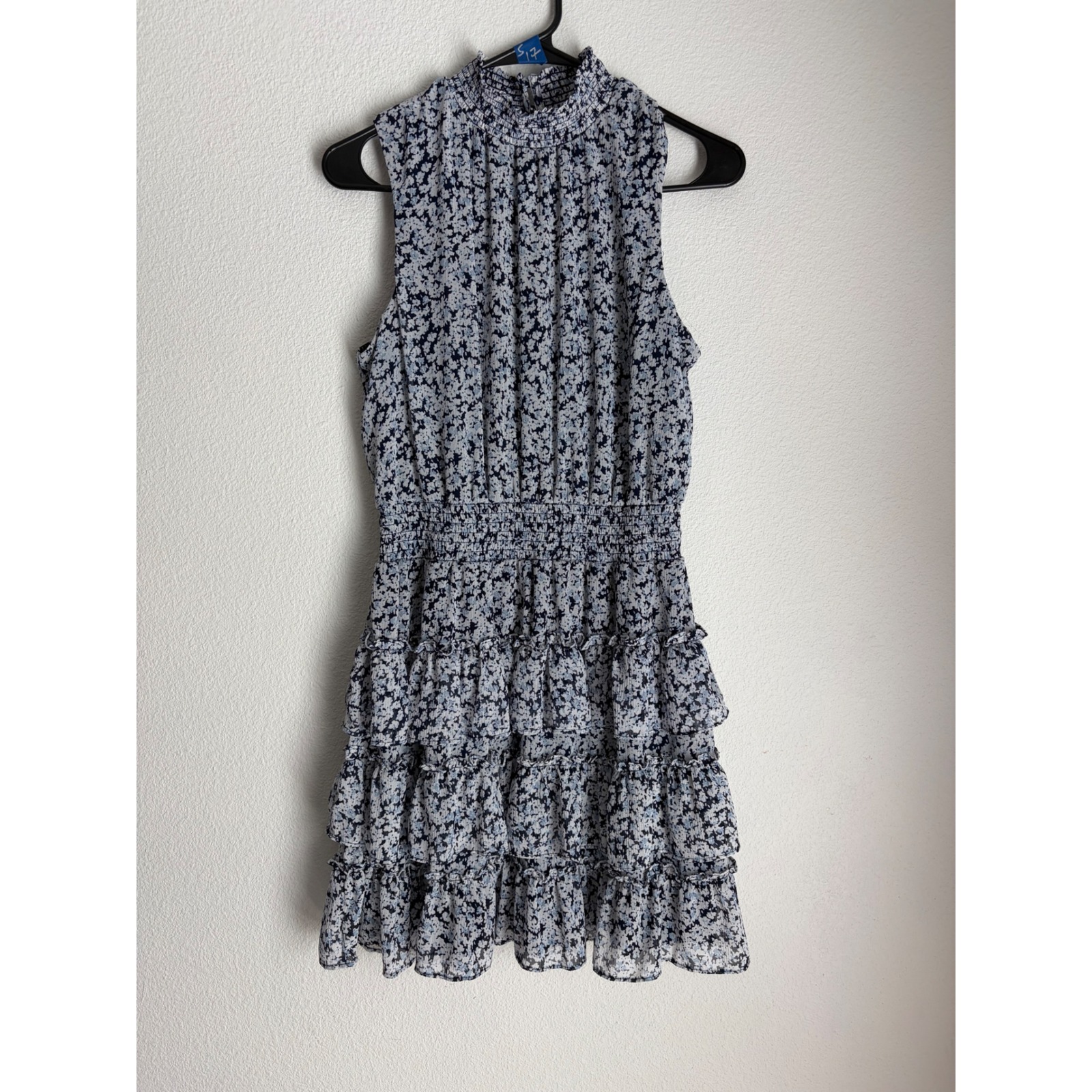 1.State Blue White Floral Smocked Tiered Ruffle Mock Neck Mini Dress Large